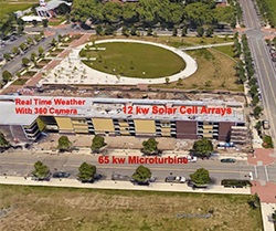 Aerial photo of buildings at Penn State at The Navy Yard labeled with weather camera, solar cell array and microturbine locations