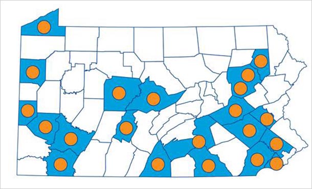 State of Pennsylvania graphic that shows location of all Penn State campuses