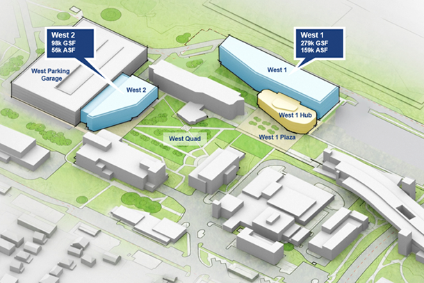 Rendering of new West 1 and West 2 buildings for the College of Engineering